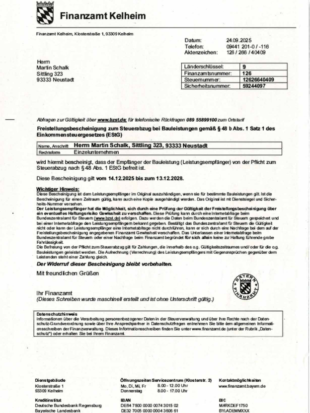 Freistellungsbescheiniung §48b bei Elektrotechnik Schalk in Neustadt - Sittling