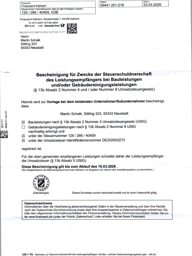 Steuerschuldnerschaft bei Elektrotechnik Schalk in Neustadt - Sittling
