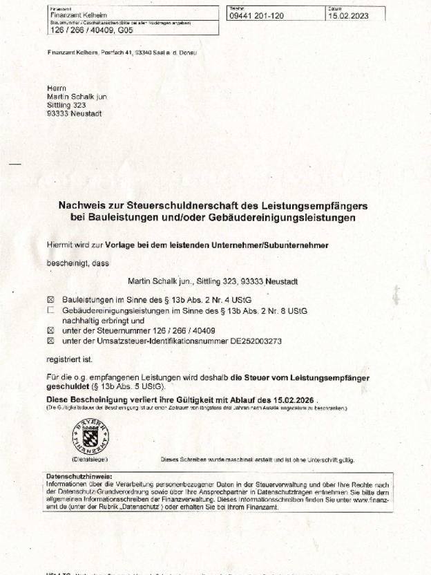 Steuerschuldnerschaft bei Elektrotechnik Schalk in Neustadt - Sittling